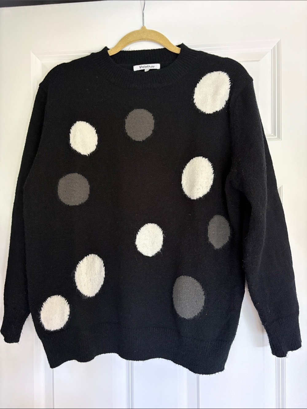 Violetruby Black Crewneck Sweater with Cream and Gray Polka Dots